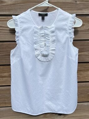 J. Crew White Textured Ruffle Front Sleeveless Blouse Top 100% Cotton Women's 4P